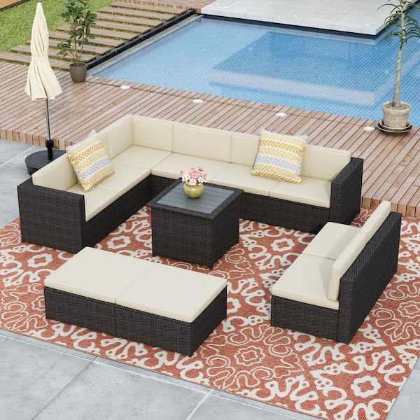 Wateday Outdoor Black 9-Piece Wicker Outdoor Patio Conversation Seating Set with Beige Cushions