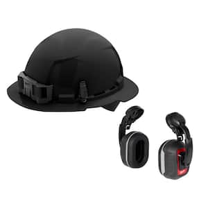 BOLT Black Type 1 Class E Full Brim Non Vented Hard Hat w/4 Point Ratcheting Suspension W/BOLT HP Cap Mounted Ear Muffs