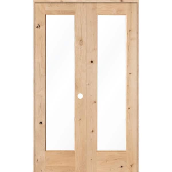 Krosswood Doors 48 in. x 80 in. Rustic Knotty Alder 1-Lite Clear Glass Left Handed Solid Core Wood Double Prehung Interior Door