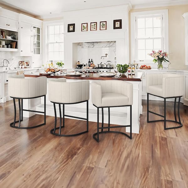 LUE BONA Siska 26 in.Modern Linen Fabric Upholstered Counter Stool with Black Metal Frame Barrel Counter Bar Stool Set of 4