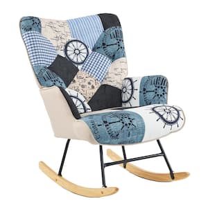 Blue Linen Fabric Nursery Rocking Chair Accent Upholstered Rocker with Solid Wood Legs