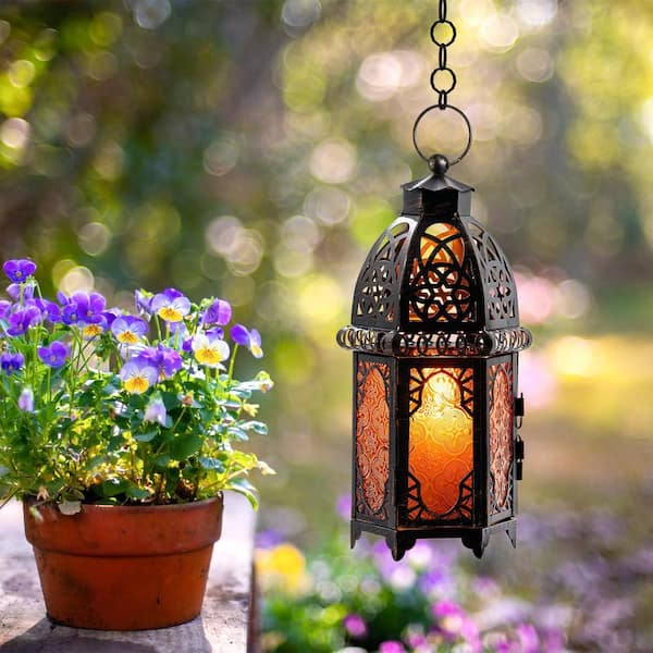 Afoxsos 12.8 in. x 4.1 in. Amber Metal Lantern w/ Candle 1-Pack