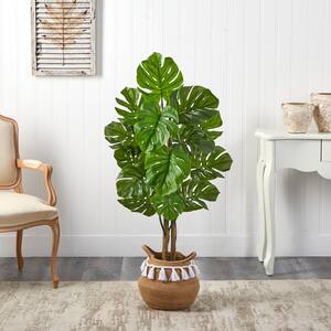 4 ft. Green Monstera Faux Tree in Boho Chic Handmade Natural Cotton Planter with Tassels UV Resistant (Indoor/Outdoor)