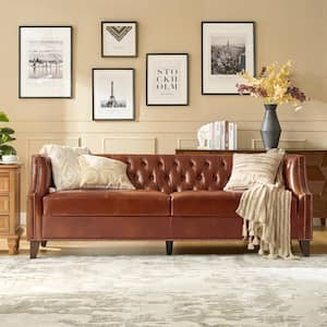 Ingvar Transitional 84 in. Straight Arm Leather Rectangle Sofa in. Saddle