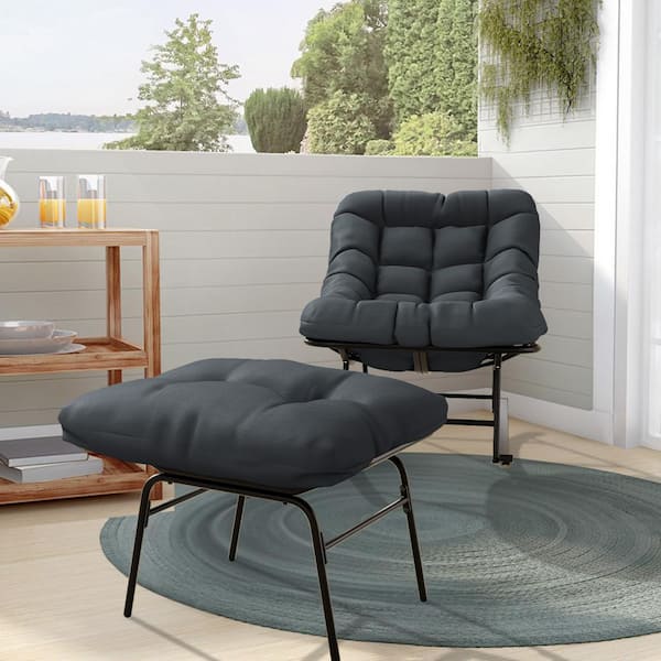 Metal Outdoor Rocking Chair with Grey Padded Cushion and Ottoman Foot Rest for Balcony