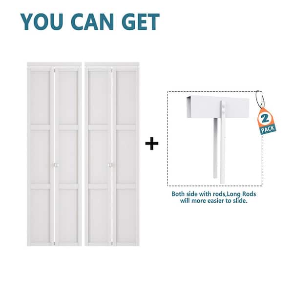 60 in. x 80 in. 3-lite Panel Solid Core White PVC Covering Wood MDF. Bi-fold Door with Locks, Handles and Hardware Kits
