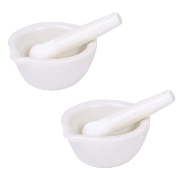 Ceramic White Garlic Mortar and Pestle Set for Kitchen Spice Grinding Porcelain Bowl with Pouring Lip (Set of 2)