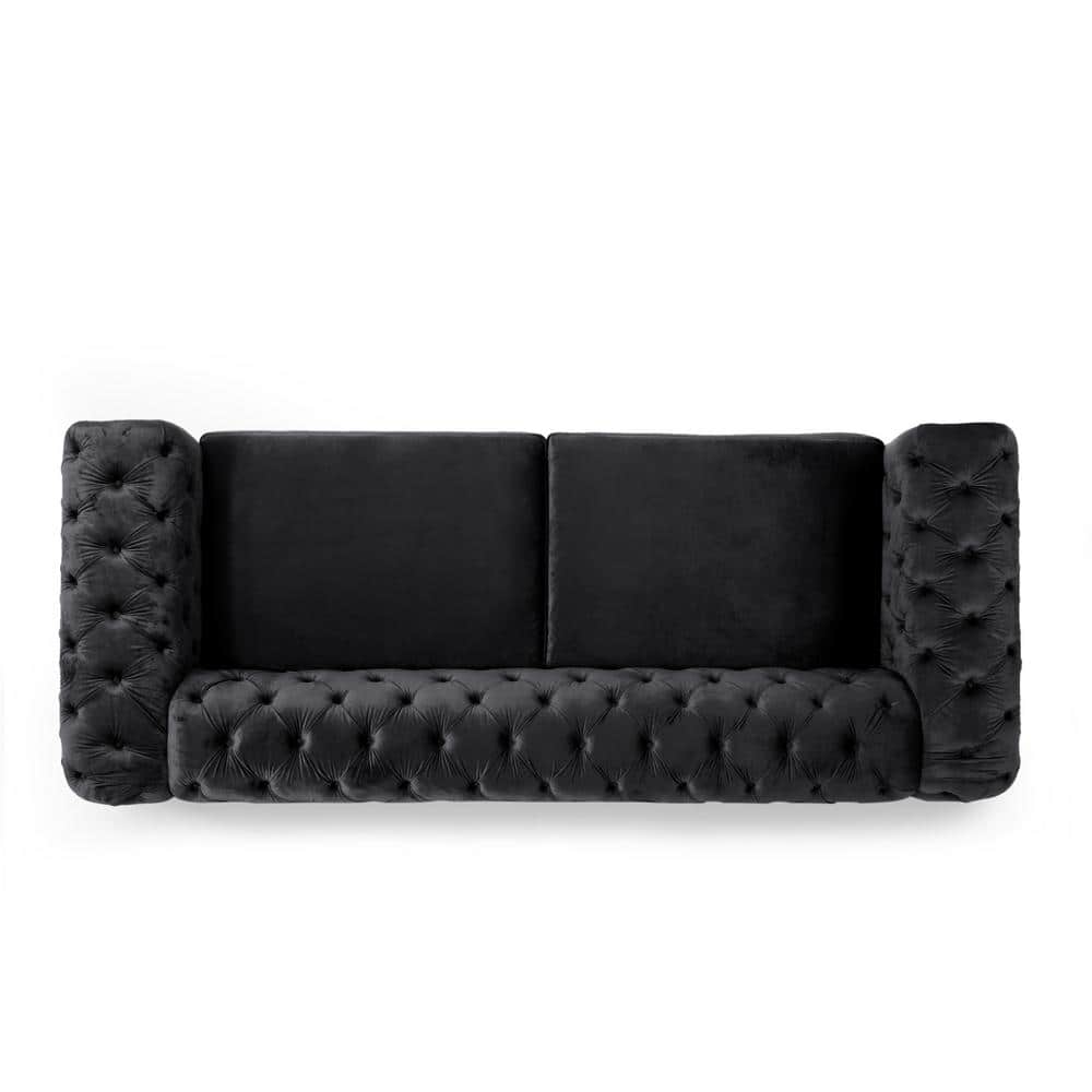 Elegant Modern Glam Black Velvet Tufted 3-Seater Sofa with Gold Accents