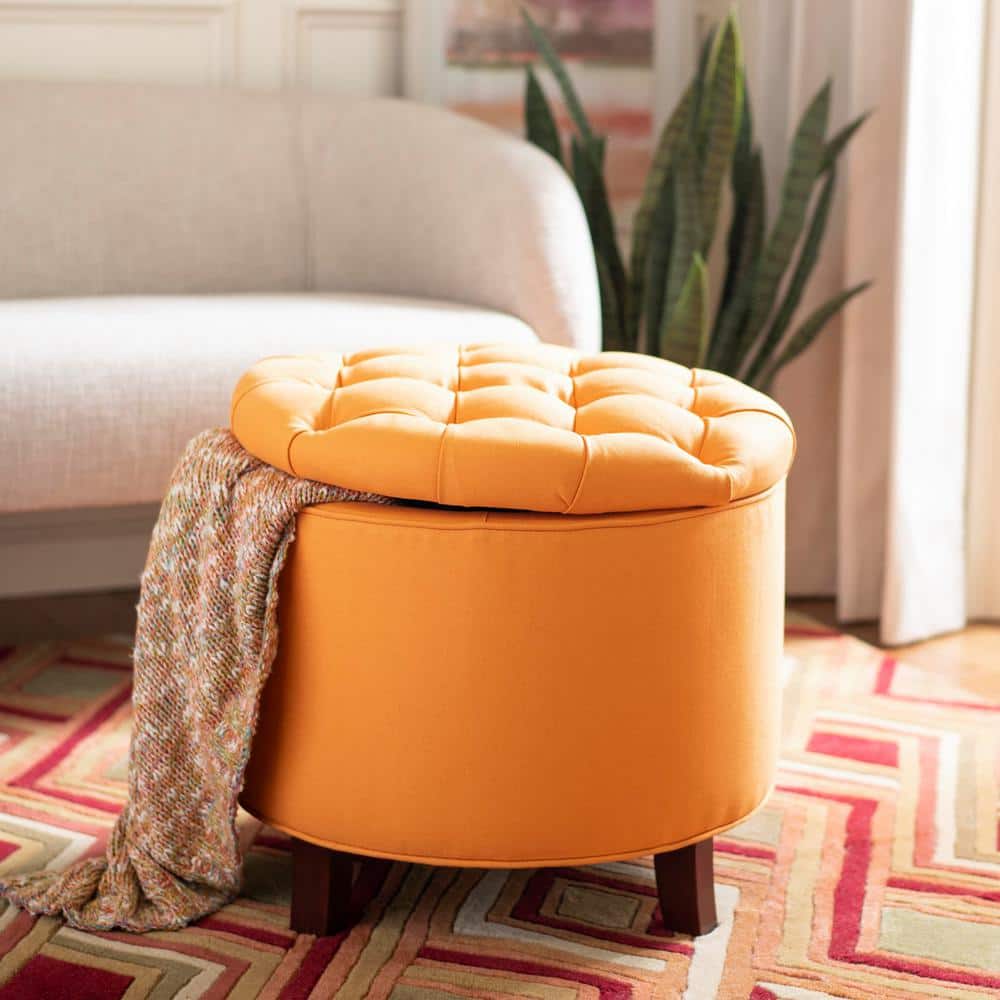 Tangerine Round Tufted Storage Ottoman with Oak Legs
