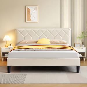 Bed Frame with Upholstered Headboard, Beige Metal Frame Queen Platform Bed with Strong Frame and Wooden Slats Support