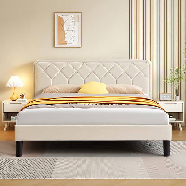 VECELO Bed Frame with Upholstered Headboard, Beige Metal Frame Queen ...