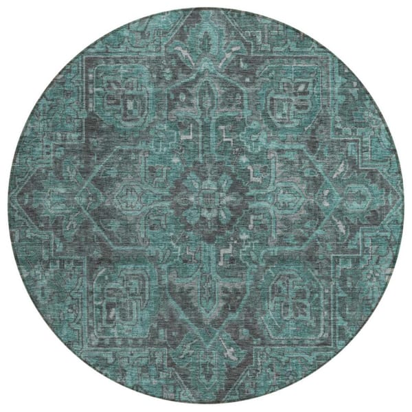 8' Grey Teal Machine Woven Uv Treated Marble Indoor Outdoor Round Area Rug