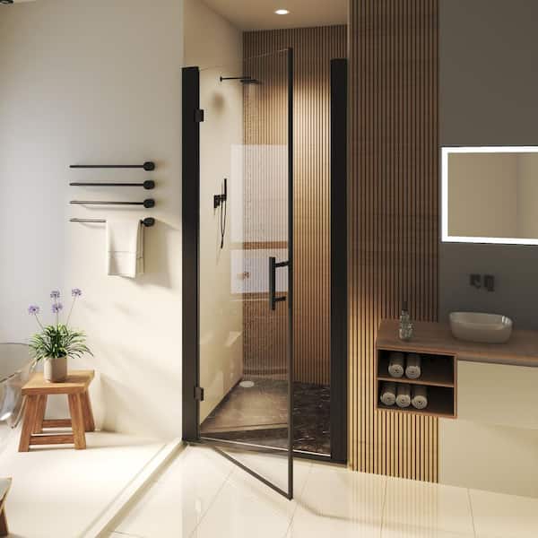 32 to 34 in. W x 72 in. H Pivot Swing Frameless Shower Door in Black with Clear Glass
