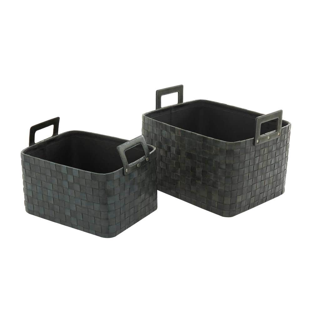 Litton Lane Brown Leather Modern 14 in. and 12 in. Storage Basket (Set of 2)