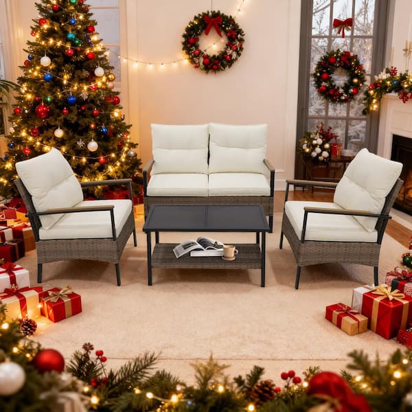 4-Piece Wicker Patio Furniture Set Rattan Outdoor Sofa Set, Loveseat and 2 Single Chair with Beige Cushion, Coffee Table
