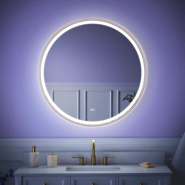 BONIE 36 in. W x 36 in. H Round Framed Anti-Fog LED Wall Bathroom Vanity Mirror in Brushed Gold