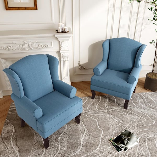 Sky Blue Linen Wood Legs Upholstered Accent Arm Chair with Wingback (Set of 2)