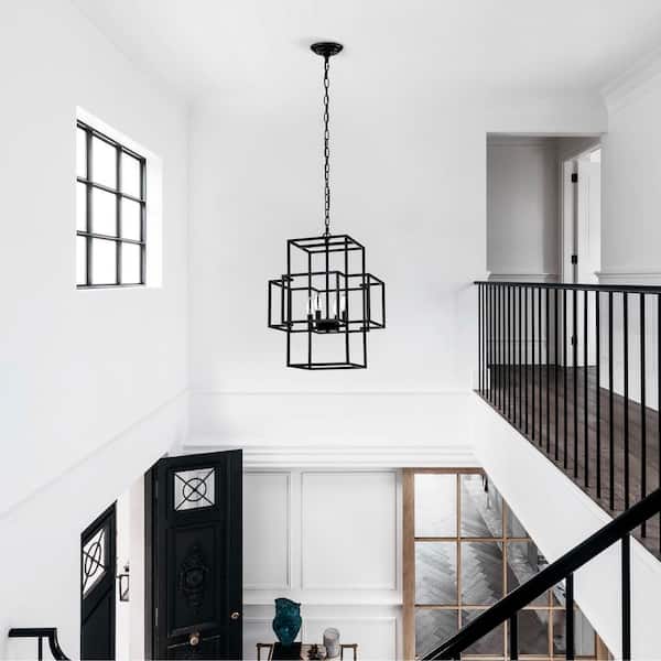 Modern Lantern Series 4-Light Matte Black Pendant Chandelier for Kitchen with No Bulbs