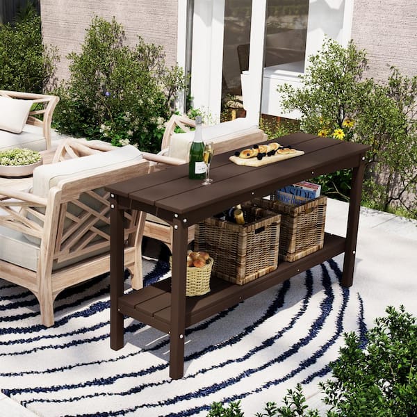 Laguna Outdoor Patio Bar Console Table with Storage Shelf Dark Brown