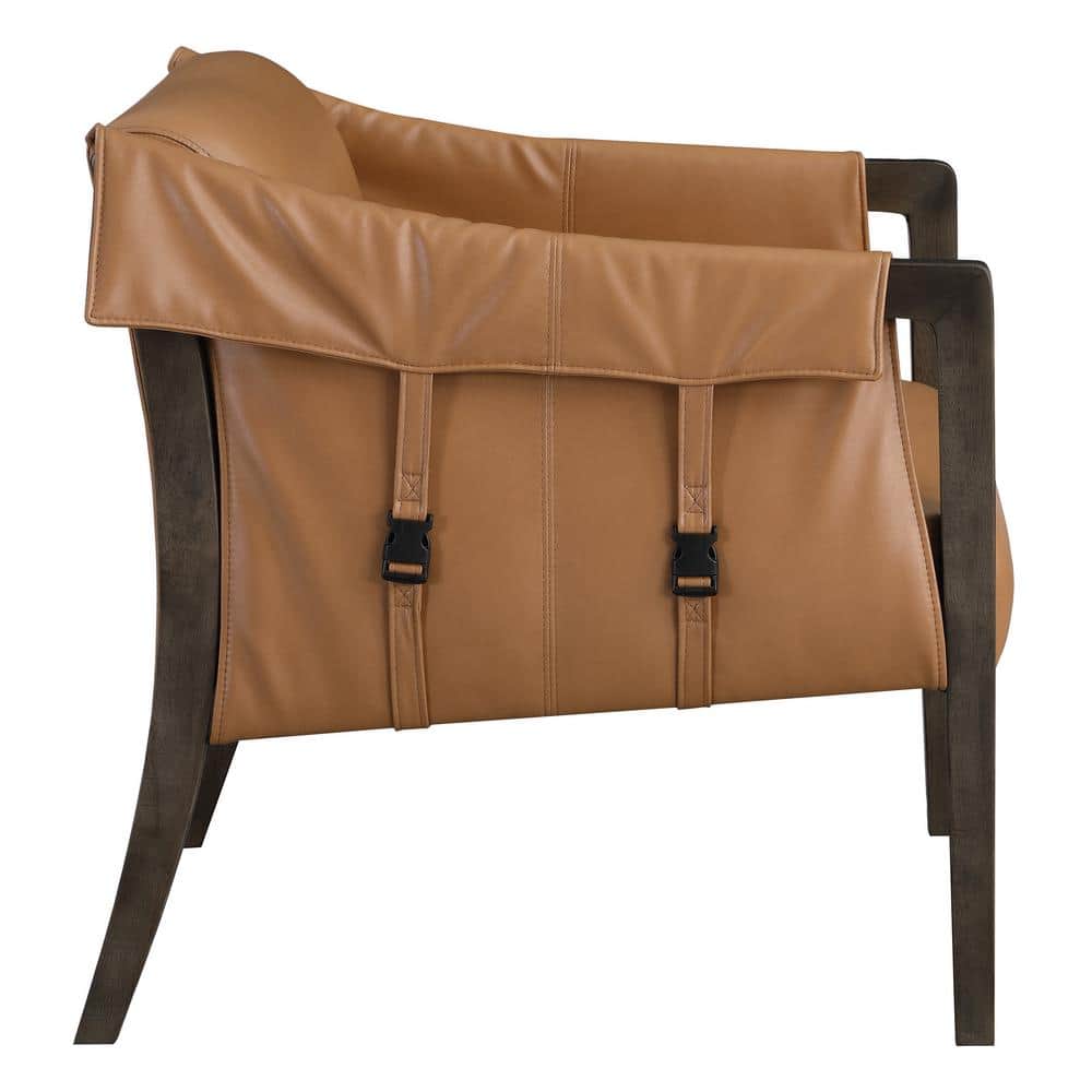 Camel Faux Leather Barrel Accent Chair with Wood Frame