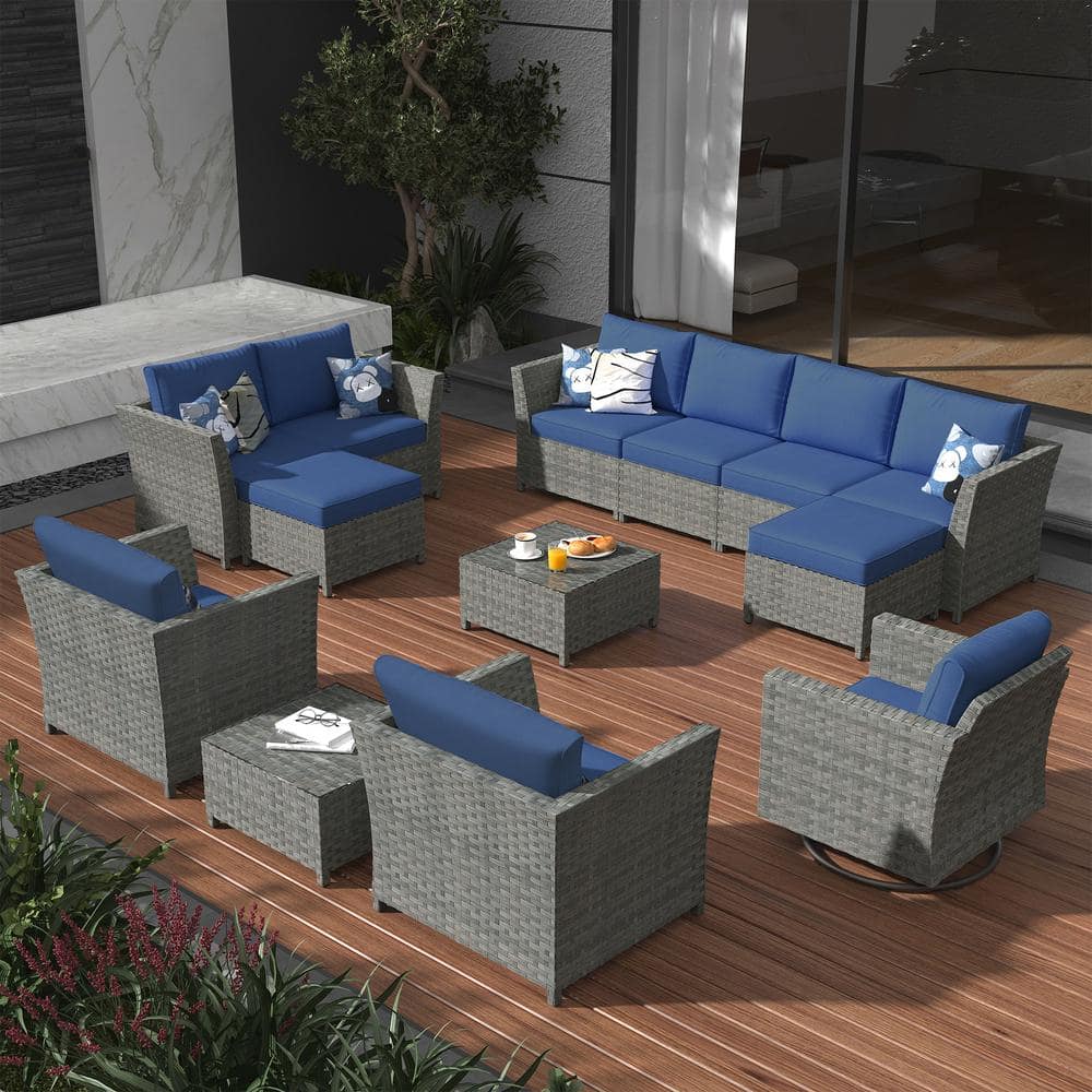 Denali Gray 13-Piece Wicker Patio Conversation Sectional Sofa Set with Navy Blue Cushions and Swivel Rocking Chair price history on PriceWatchPro