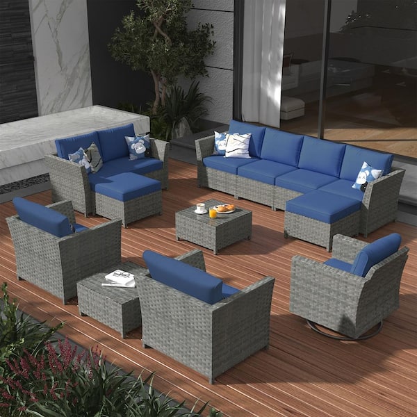 XIZZI Denali Gray 13-Piece Wicker Patio Conversation Sectional Sofa Set with Navy Blue Cushions and Swivel Rocking Chair