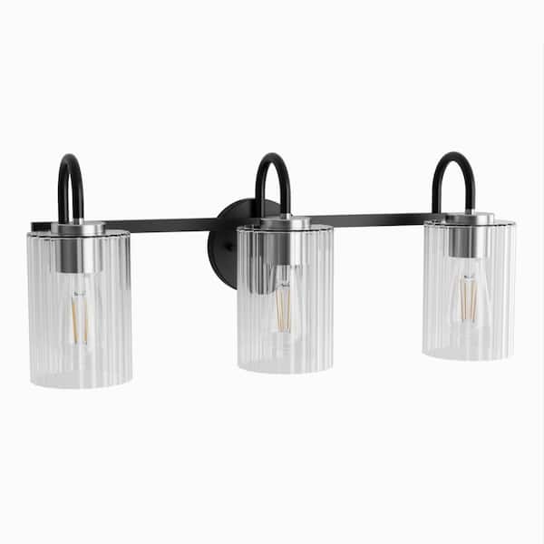 24 in. 3-Light Matte Cylinder Black Vanity Light with Clear Glass Shade for Bathroom Multi Mounting Positions