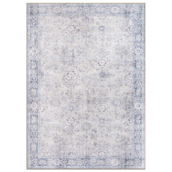 World Rug Gallery Amber Blue 5 ft. x 7 ft. Transitional Bordered Vintage Machine Washable Non Slip Area Rug