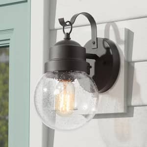 Greet 1-Light Matte Black Barn Light Outdoor Sconce with Clear Seeded Glass Shade