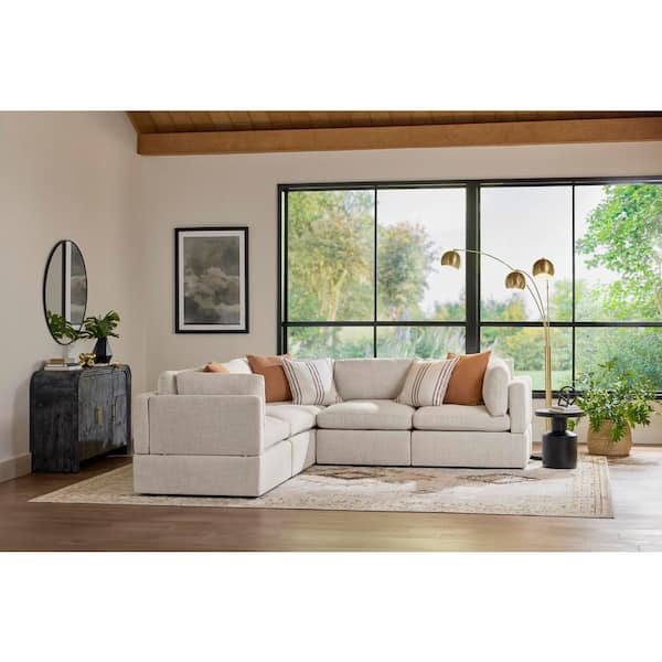 Thorton 105 in. Modular Square Arm Performance Fabric 5-Piece L Shaped Sectional Sofa in Wheat
