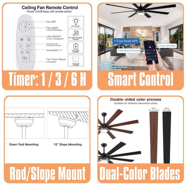 Modern Series 72 in. Indoor Matte Black Low Profile Smart Ceiling Fan with Remote Included for Bedrooms or Living Rooms