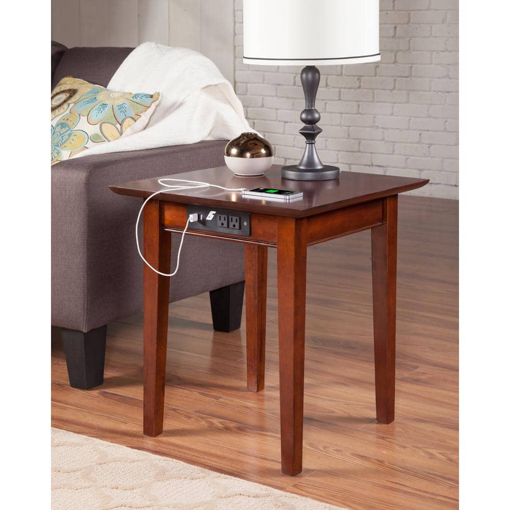 Classic Shaker 24" Square Walnut Wood End Table with Charging Station