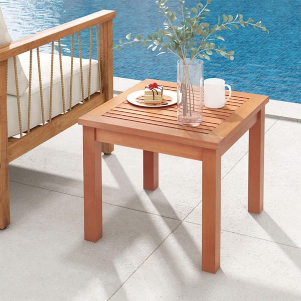 Kadehome 18 Inch Square Wood Outdoor Side Table with Slatted