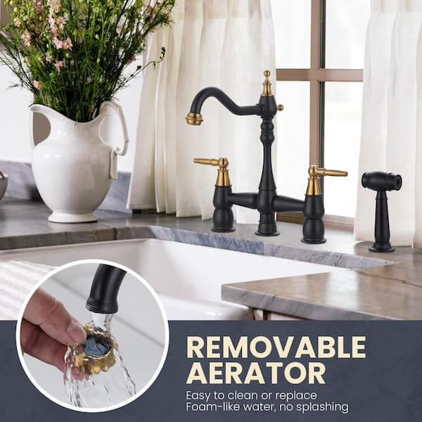 Solid Brass 4 Hole Double Handle Bridge Kitchen Faucet with Side Sprayer Deck Mount in Black and Gold