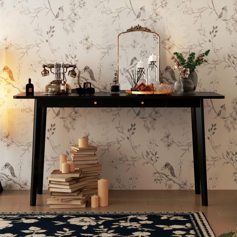 47.2 in. W Rectangle Black Wooden 2-Drawer Writing Desk, Computer Desk, Gaming Table, Vanity Table