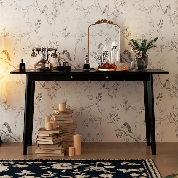 FUFU&GAGA 47.2 in. W Rectangle Black Wooden 2-Drawer Writing Desk, Computer Desk, Gaming Table, Vanity Table