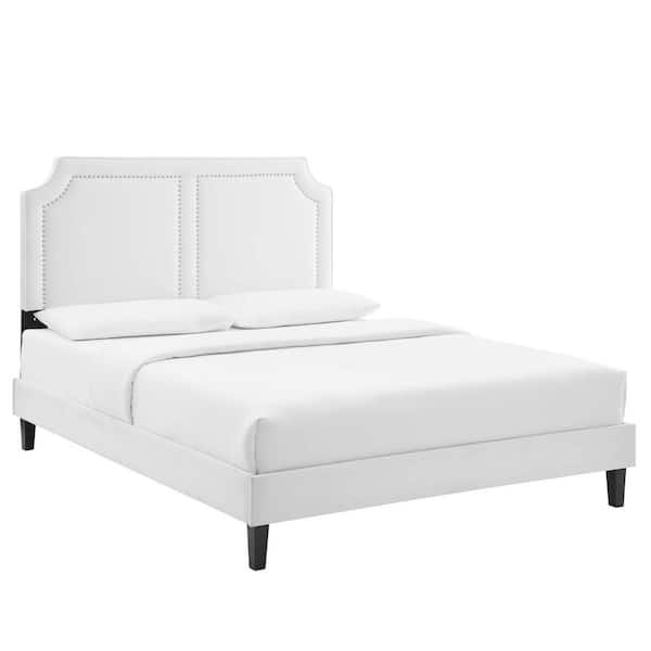 MODWAY Novi White Performance Velvet Frame Full Platform Bed with Reinforced Center Beam