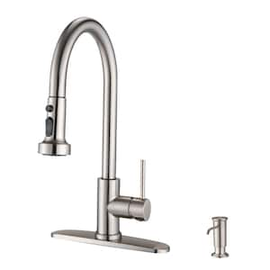 Single Handle Pull Down Sprayer Kitchen Faucet with Soap Dispenser in Brushed Nickel Stainless Steel