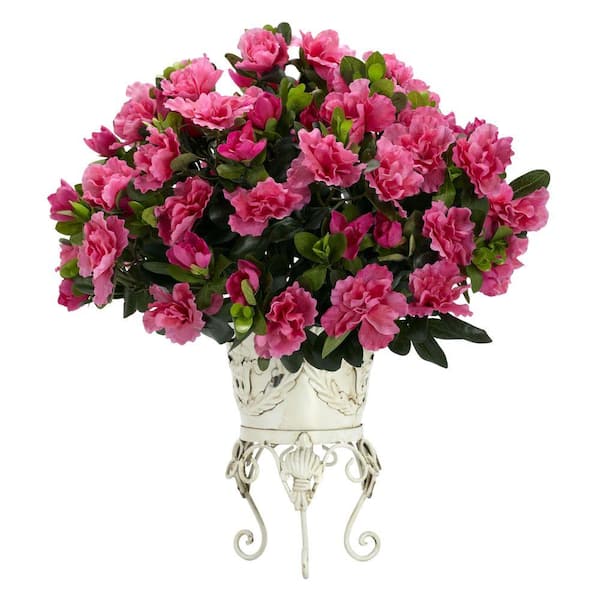 Nearly Natural 19 in. Artificial H Pink Azalea with Metal Planter Silk Plant