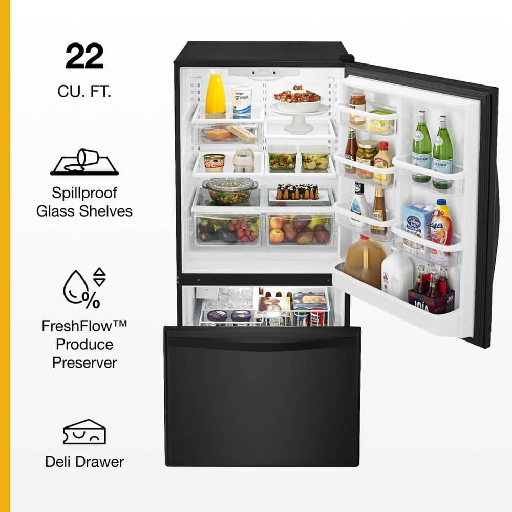 Whirlpool 33 in. wide Bottom-Freezer Refrigerator with SpillGuard Glass Shelves - 22 cu. ft in Black-on-Black 33 in. on Fridge.com