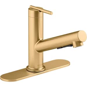 Crue Single-Handle Pull Out Sprayer Kitchen Faucet in Vibrant Brushed Moderne Brass