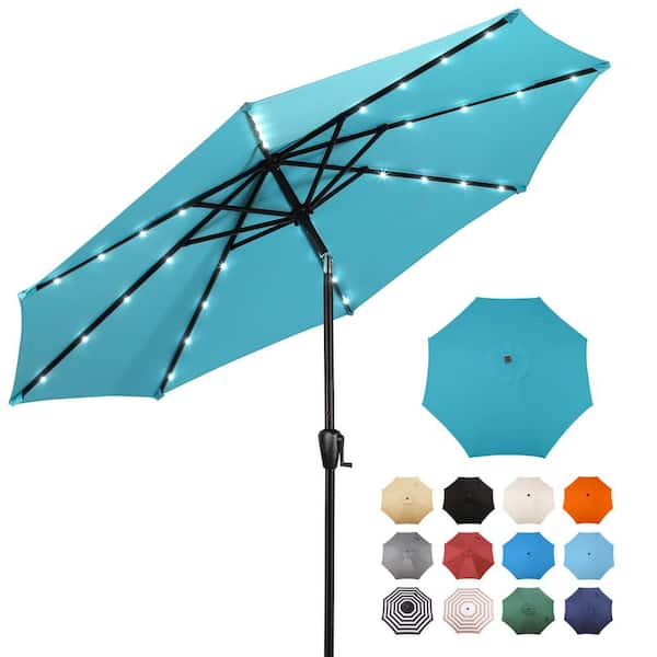 9 ft. Steel Market Solar Lighted 8-Rib Round Patio Umbrella in Aqua