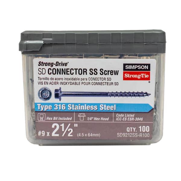 Simpson Strong-Tie #9 x 2-1/2 in. Type 316 Stainless Steel, Hex Drive, Hex Head, Strong-Drive SD Wood Screw (100-Pack)