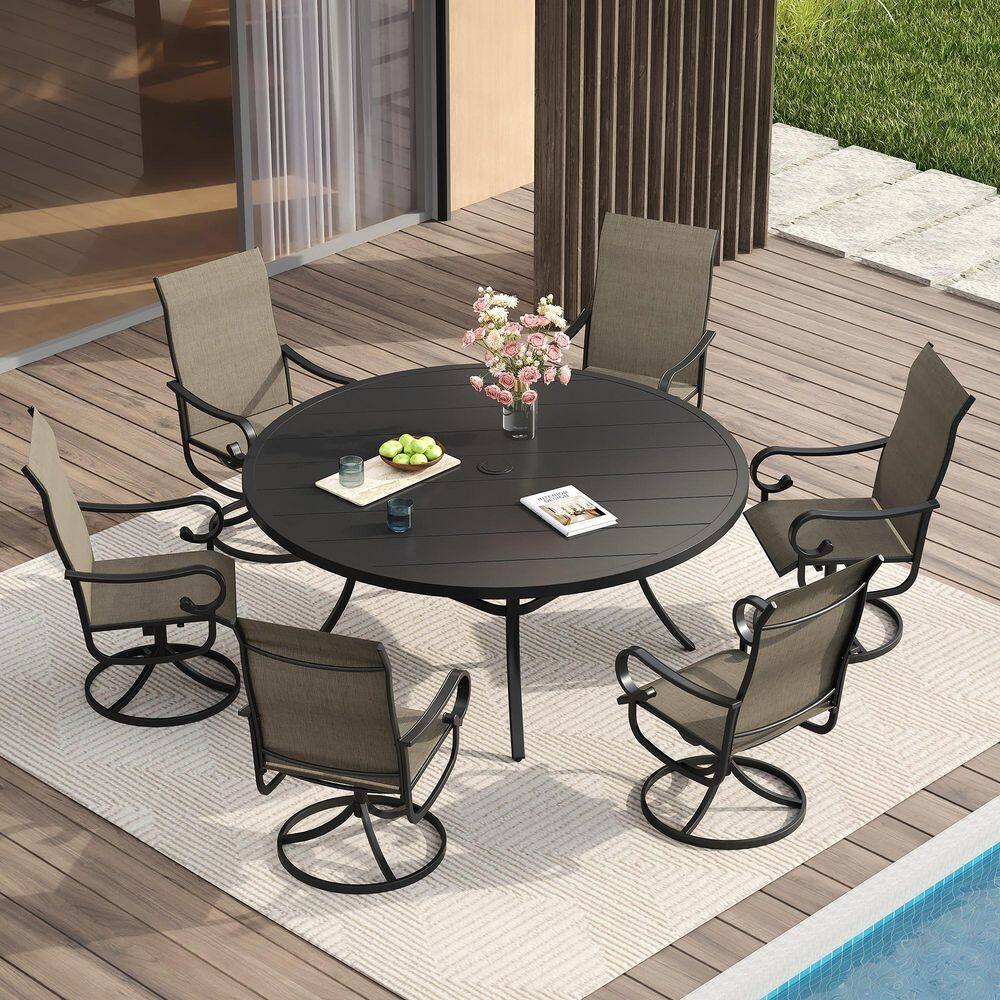 7-Piece Outdoor Patio Dining Set with 53 in. Black Metal Round Table and 6-Brown Textilene Swivel Chairs price history on PriceWatchPro
