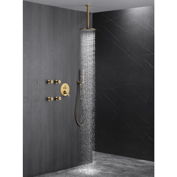 Vanfoxle Single Handle 3-Spray Shower Faucet 1.8 GPM 10 in. Round Ceiling Mounted with Pressure Balance inBrushed Gold with 4-Jet