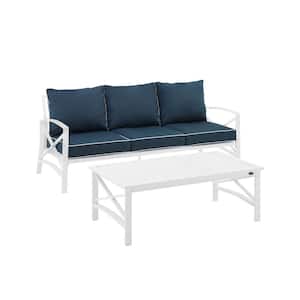 Kaplan White 2-Piece Metal Patio Conversation Set with Navy Cushions