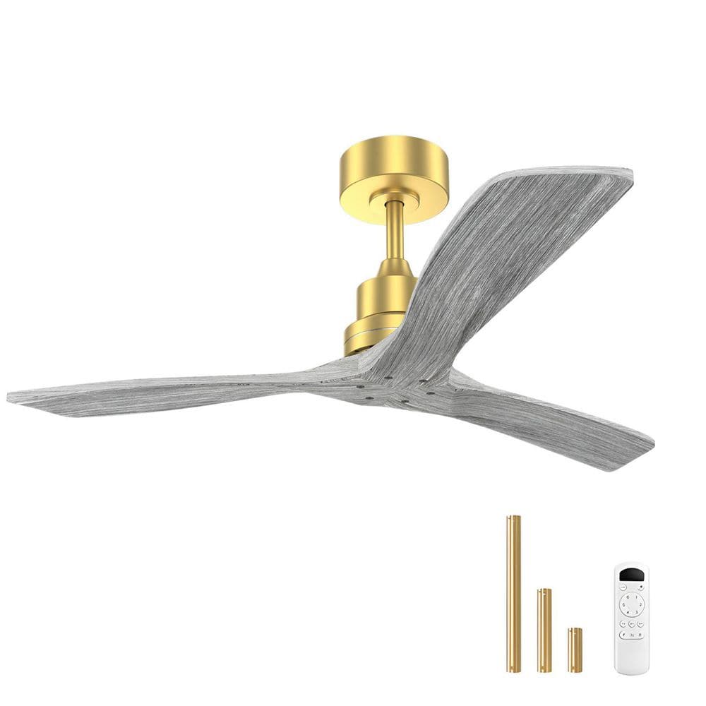 52 in. Indoor/Outdoor Gold Modern Downrod Mount Ceiling Fan with 3-Carved Wood Gray Blade 6-Speed Remote Control price history on PriceWatchPro
