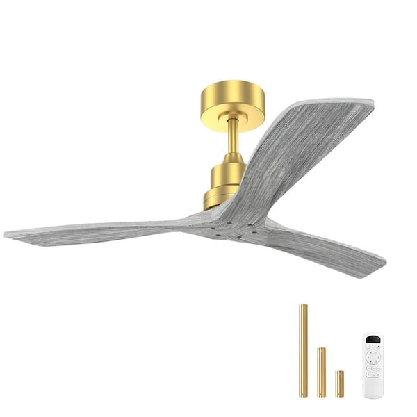 Sofucor 52 in. Indoor/Outdoor Gold Modern Downrod Mount Ceiling Fan with 3-Carved Wood Gray Blade 6-Speed Remote Control