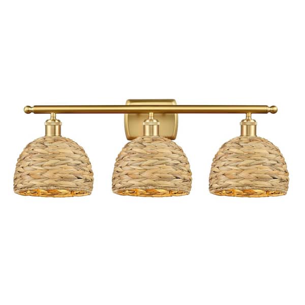 Woven Rattan 28 in. 3-Light Satin Gold Vanity Light with Rattan Shade