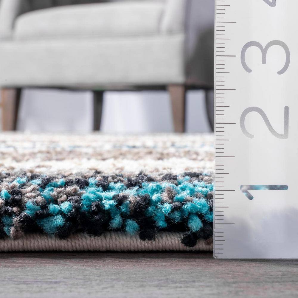 Blue Multi Striped Hand-Tufted Shag Area Rug 5' x 8'